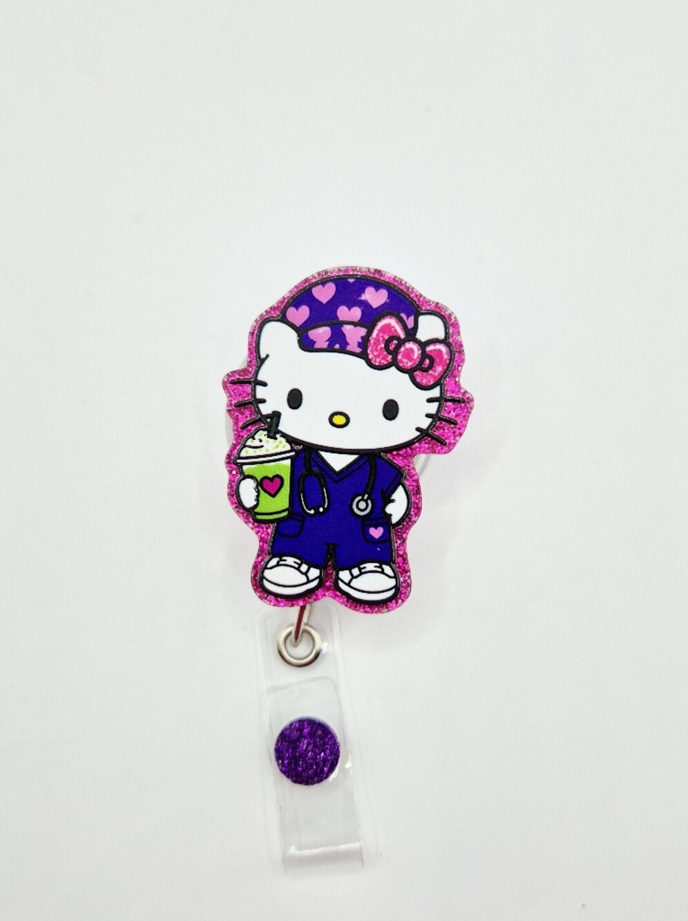 Hello Kitty Purple Scrubs With Matcha Badge Reel-Alligator Clip